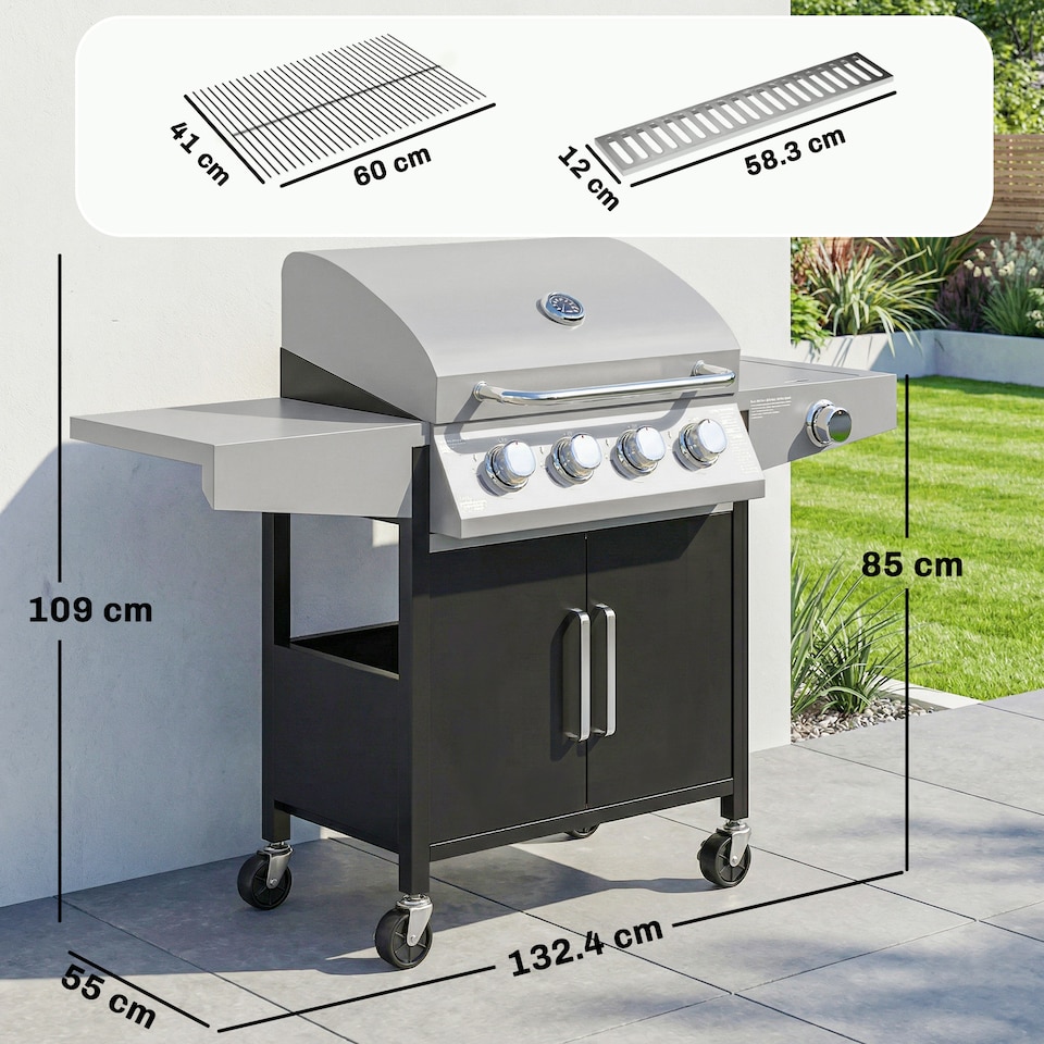 image 1 of Outsunny 4+1 Burner Gas BBQ Grill with Side Burner, 14.5 kW Gas Grill