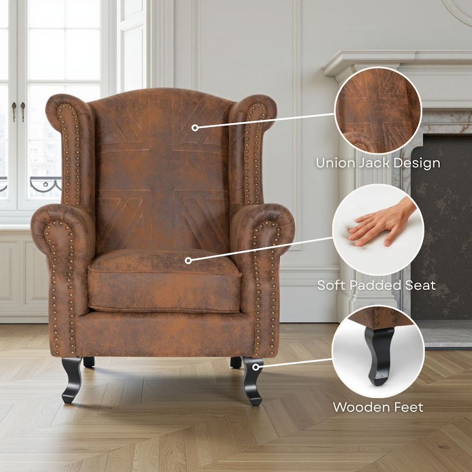 image 1 of Faux Leather Suede Grey Britannia Wing Back Chair with Union Jack Flag
