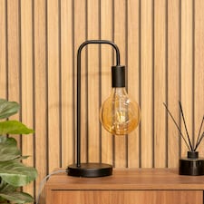 ValueLights Bronx Pair of Industrial Style Black Metal Curved Stem Bedside Table Lamps Light - Bulbs Included
