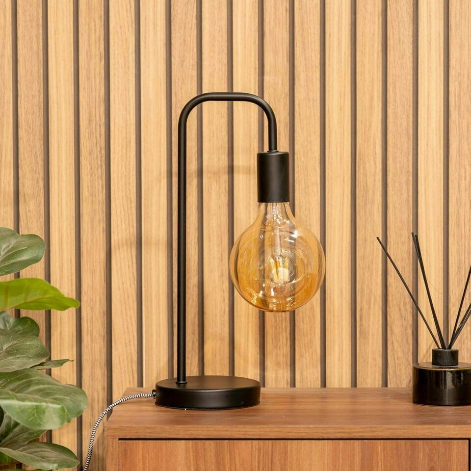 image 1 of ValueLights Bronx Pair of Industrial Style Black Metal Curved Stem Bedside Table Lamps Light - Bulbs Included