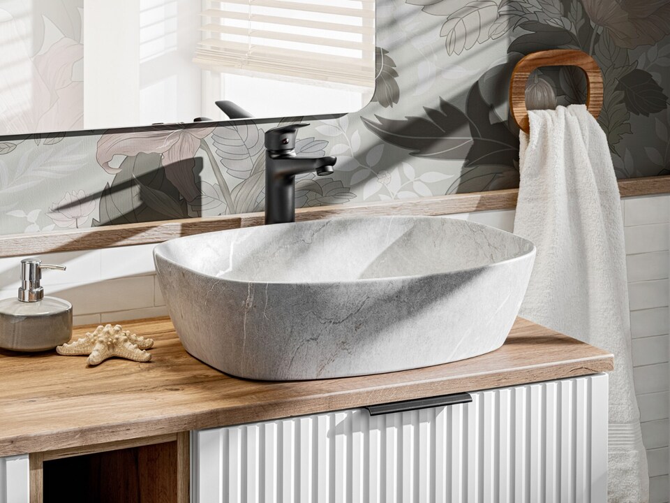 image 1 of Wall Hung White Bathroom Vanity Unit 600mm Oak Countertop Worktop Cabinet with Drawers Ribbed Fluted Adel