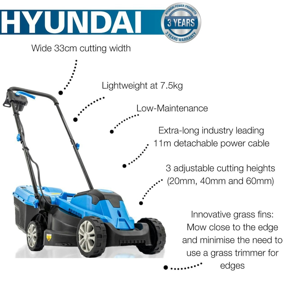 image 1 of Hyundai 33cm 1300W Electric Lawn Mower, 11m Detachable Power Cable, 3 Heights & 30L Collection Bag | HYM3313E