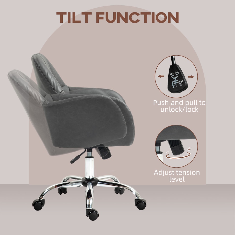 image 1 of HOMCOM Computer Desk Chair, PU Leather Swivel Office Chair, Makeup Vanity Chair with Height Adjustable, Wheels, for Home Study Bedroom, Grey