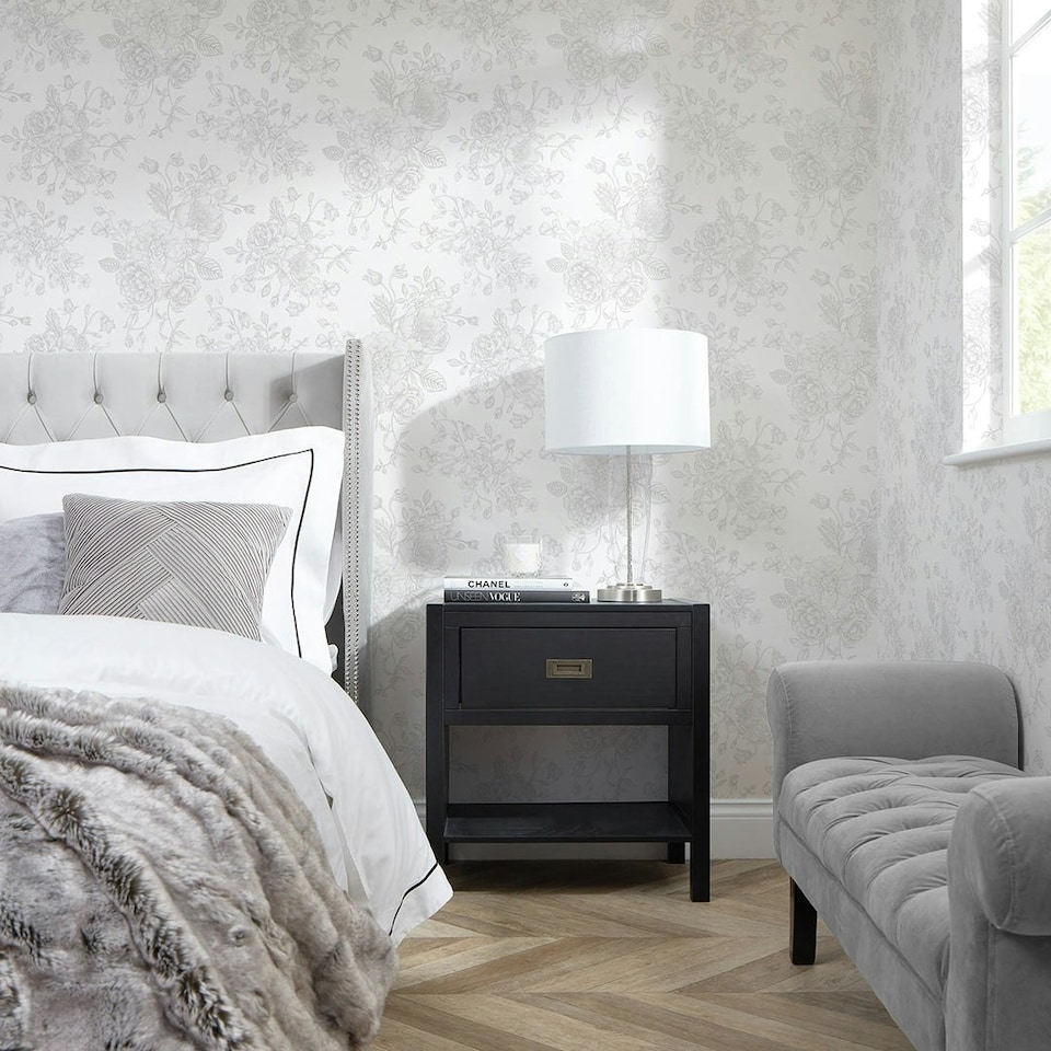 image 1 of Romantic Roses Wallpaper in Grey on White Multi