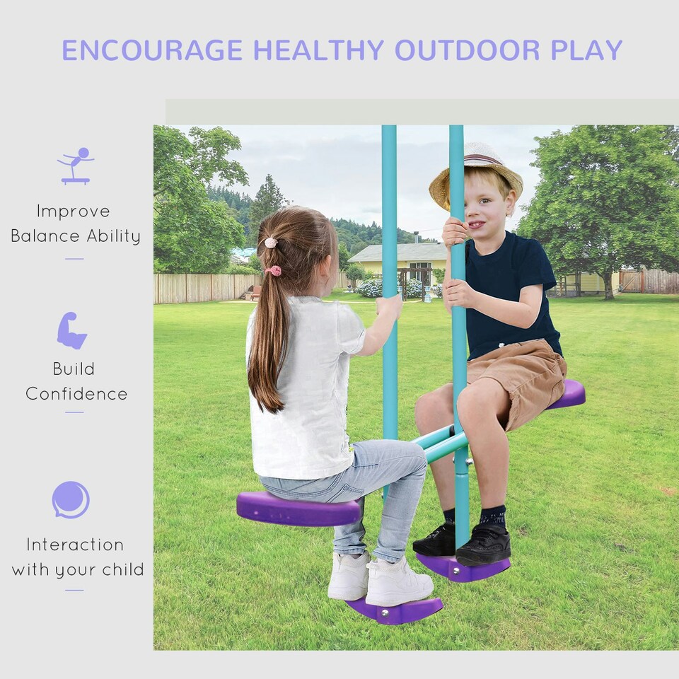 image 1 of Outsunny Metal Swings Set w/ Seesaw, Adjustable Height, Purple