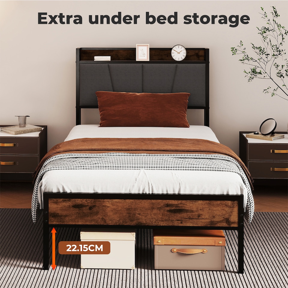 image 1 of Levede Heavy Duty Single Bed Frame Metal Platform with Storage Headboard 3FT | Brown | Single | Single