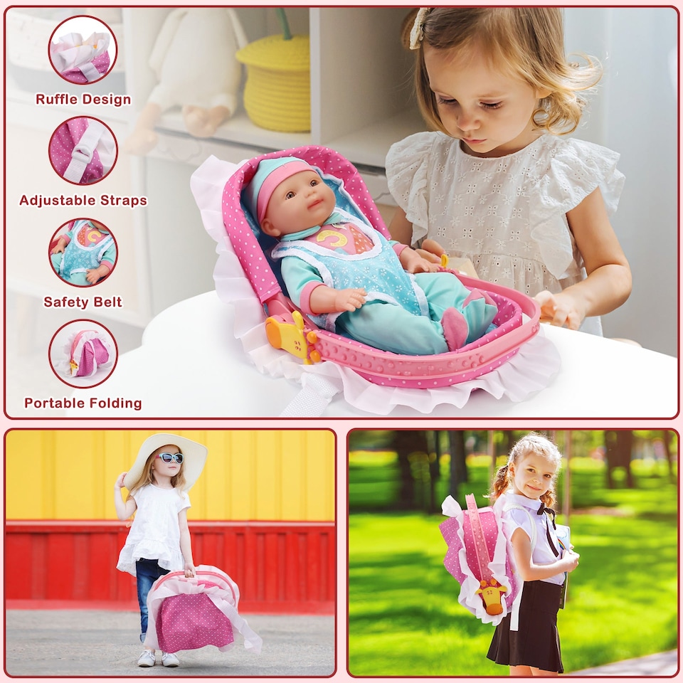 image 1 of 14" Baby Doll Play Set with 25 Pieces – Includes High Chair, Bath, Crib, Feeding Accessories and Portable Carrier
