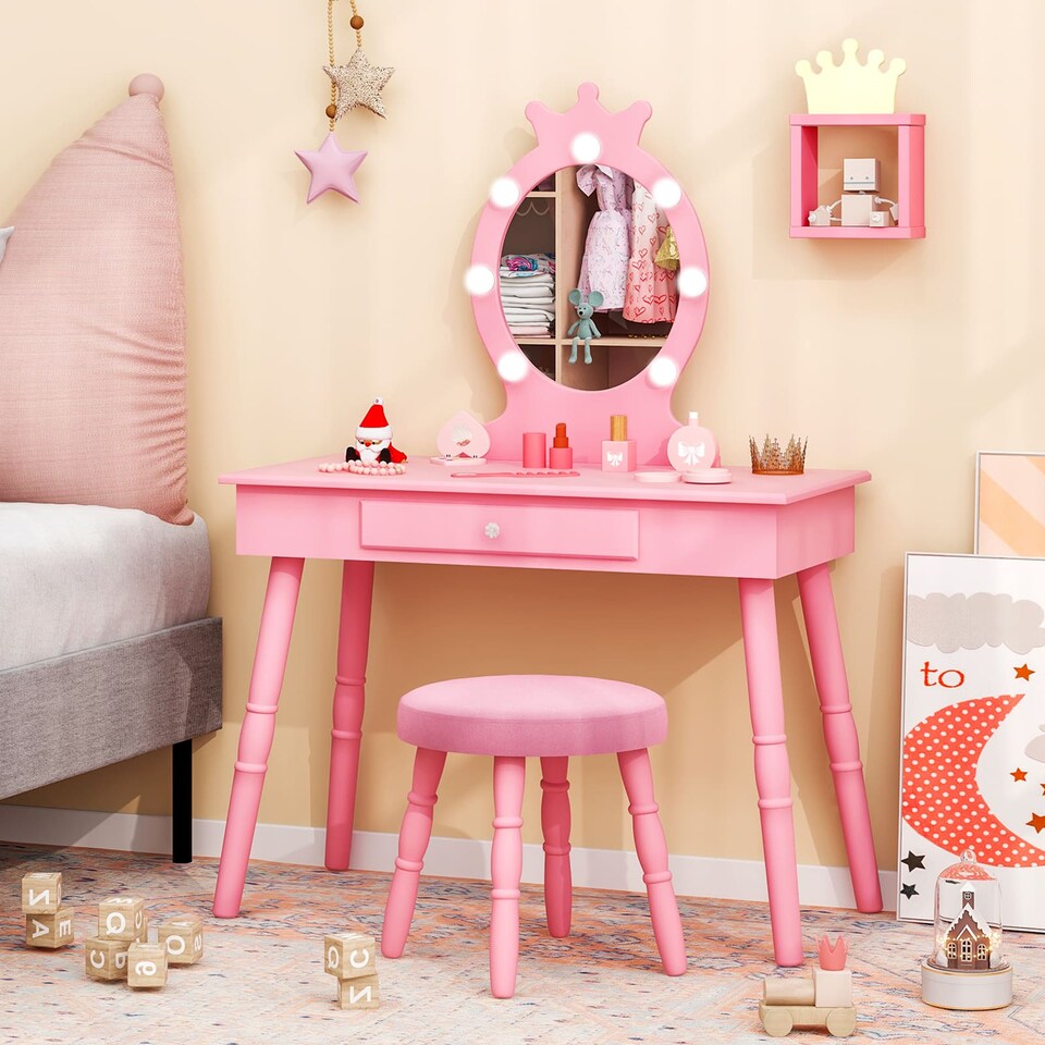 image 1 of COSTWAY Princess Vanity Table & Chair Set Kids Set Pink