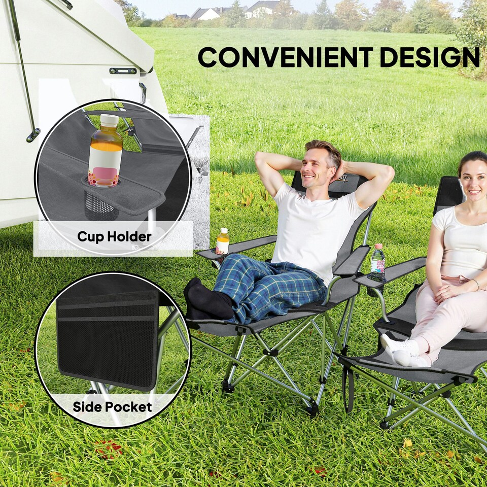 image 1 of Outsunny Set of 2 Reclining Camping Chairs Green | Olive Green, Grey