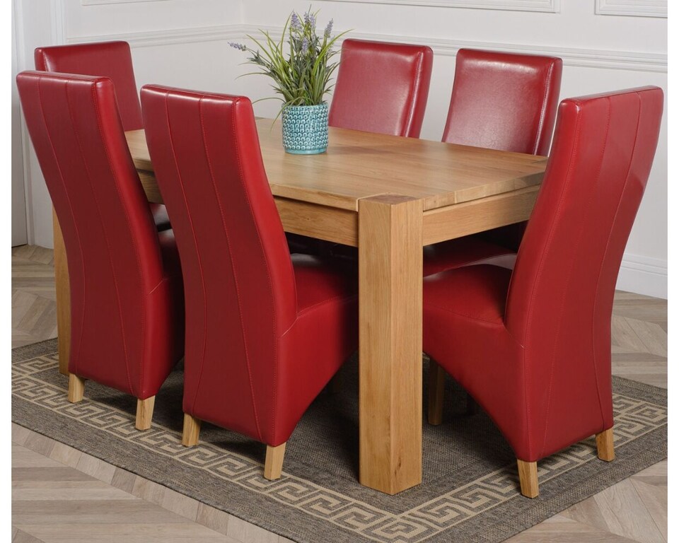 image 1 of Kuba 150 x 85 cm Chunky Medium Oak Dining Table and 6 Lola Leather Chairs | Red | Red