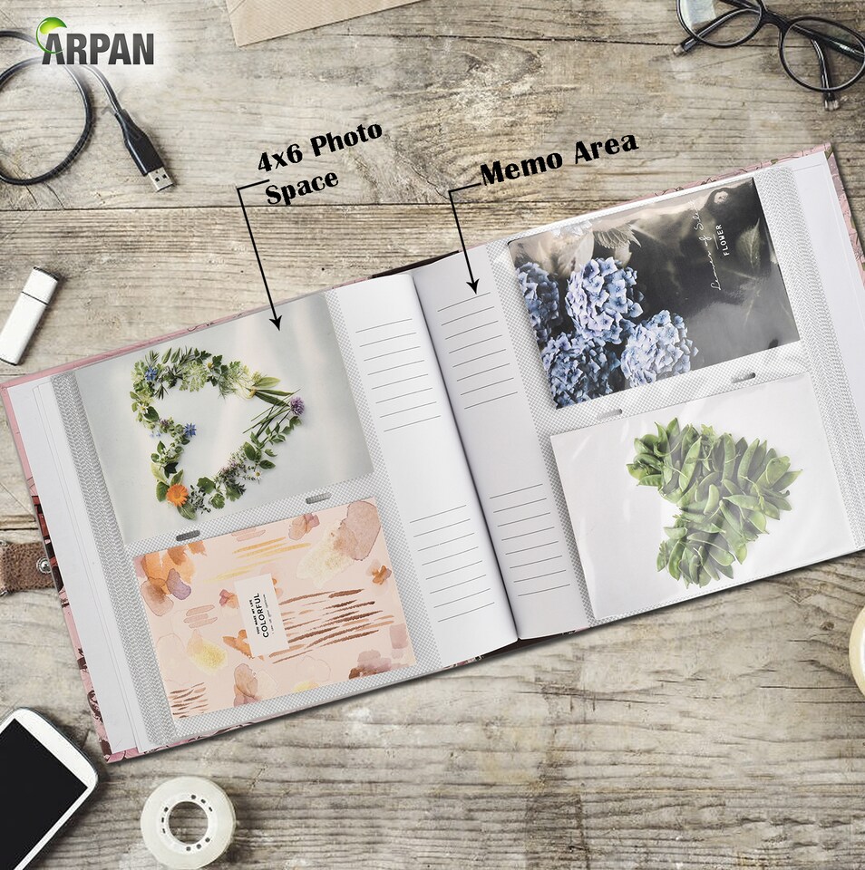image 1 of ARPAN Slip In Case Memo Photo Album – Holds 200 Photos 4"x6" (10x15cm) – Hardcover Picture Album with Memo Writing Space for Family, Wedding & Travel Memories