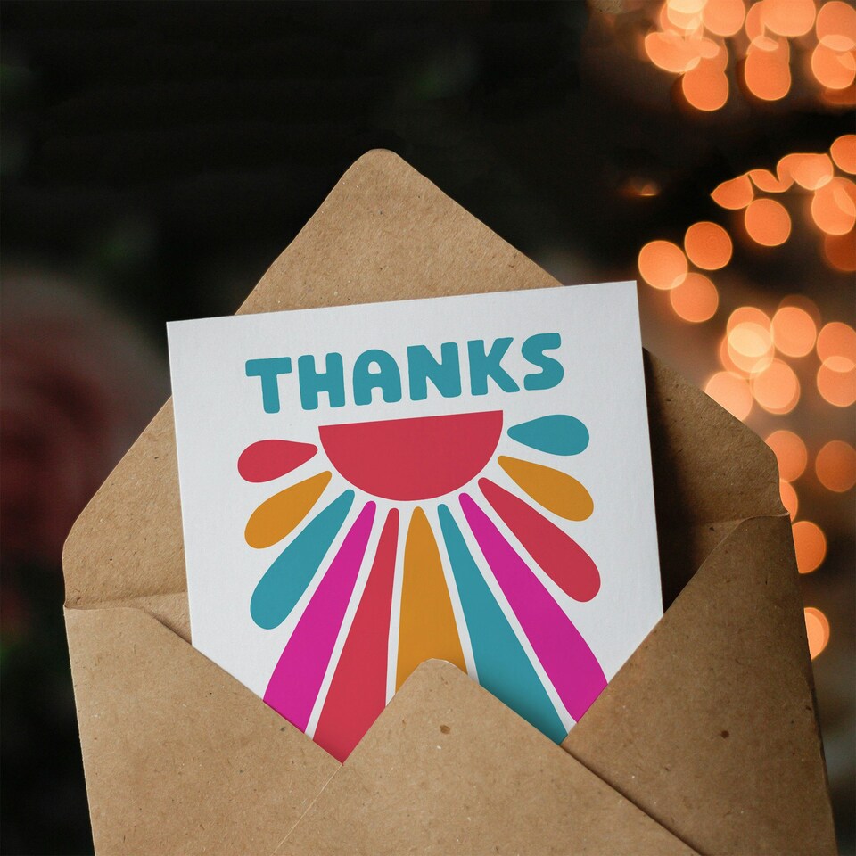 image 1 of Thank You Card Thanks Fun Blue Orange Pink Groovy Sun Design