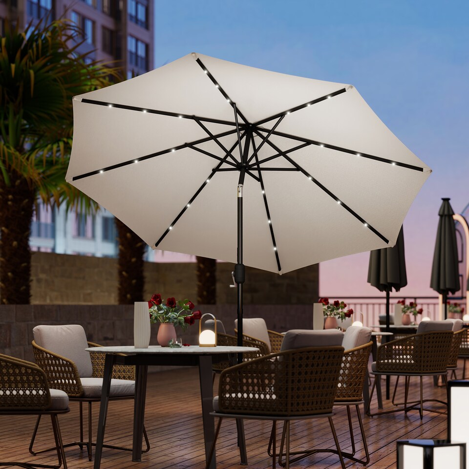 image 1 of Outsunny 2.7m Garden 24 LED Light Parasol Solar Outdoor Tilt Sun Umbrella Patio Club Party Event Manual Sun Shade w Hand Crank and 8 Ribs, Offwhite