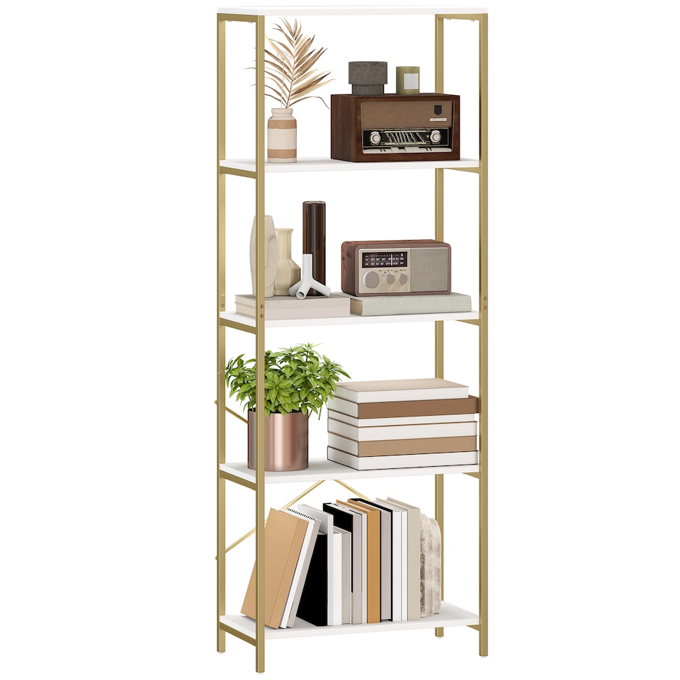 image 1 of HOMCOM 5-Tier Bookshelf, Modern Bookcase, Floor Standing Book Shelf with Metal Frame, Open Display Shelving Unit for Living Room, Home Office and Bedroom, White and Gold Tone | White | White and Gold Tone
