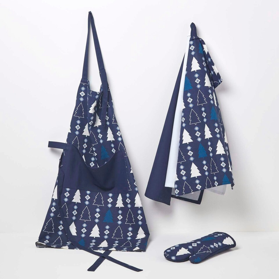 image 1 of Homescapes Blue Winterland Set of 3 Christmas Tea Towels Blue
