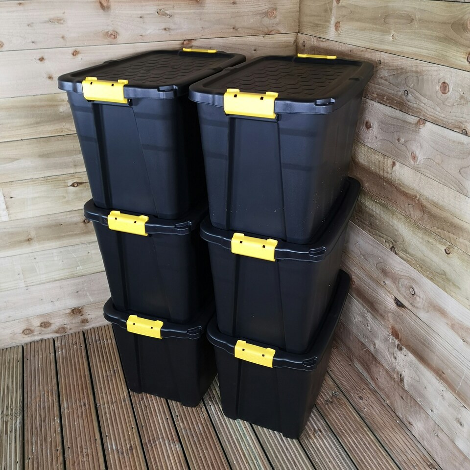 image 1 of 6 x 60L Heavy Duty Storage Tubs Sturdy, Lockable, Stackable and Nestable Design Storage Chests with Clips in Black