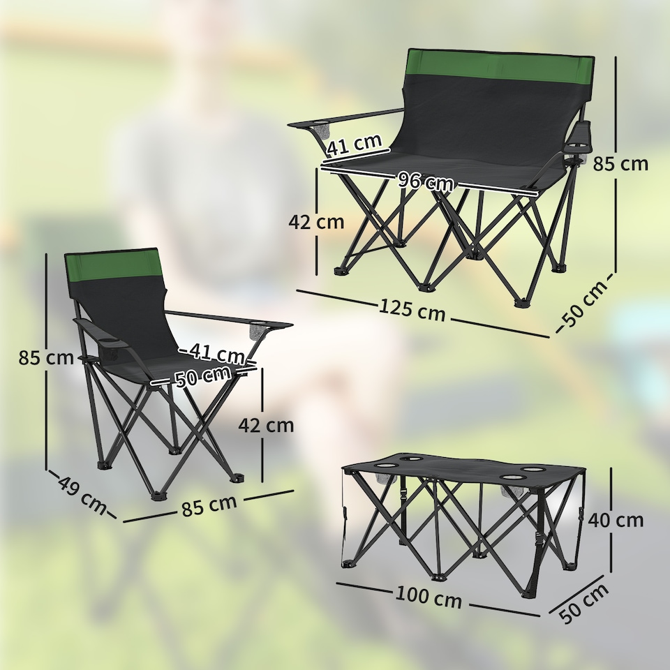 image 1 of Outsunny 4 Piece Foldable Camping Table and Chairs Set, Portable Picnic Table with 3 Chairs, Cup Holders and Carrying Bag, Outdoor Lightweight Table Set for BBQ, Picnic, Parties, Olive Green