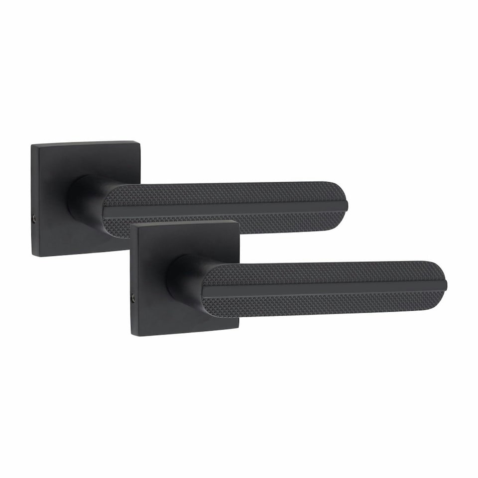 image 1 of Golden Grace 1 Pair Modern Lima Design Premium Door Handles on Square Rose in Matt Black Finish with 3" Ball Bearing Hinges and 2.5" Tubular Latch Black