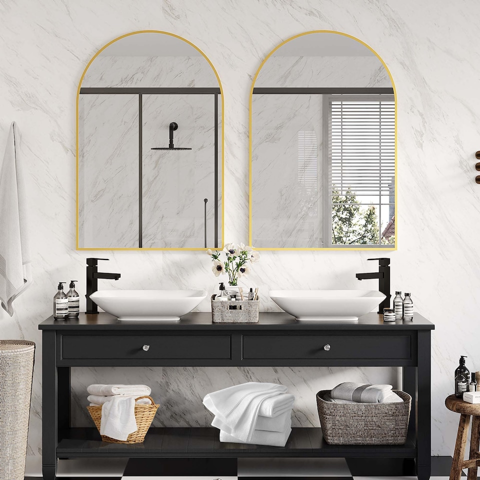 image 1 of London Boutique Gold Arched Wall Mirror Framed Bathroom Mirror 90 x 60 cm, 1 Piece