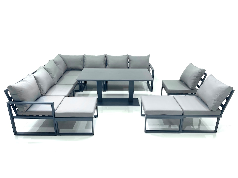 image 1 of Fimous 11 Seater Outdoor Aluminum Garden Furniture Set Corner Sofa 2 Big Footstools Rising Lifting Dining Table Sets Dark Grey
