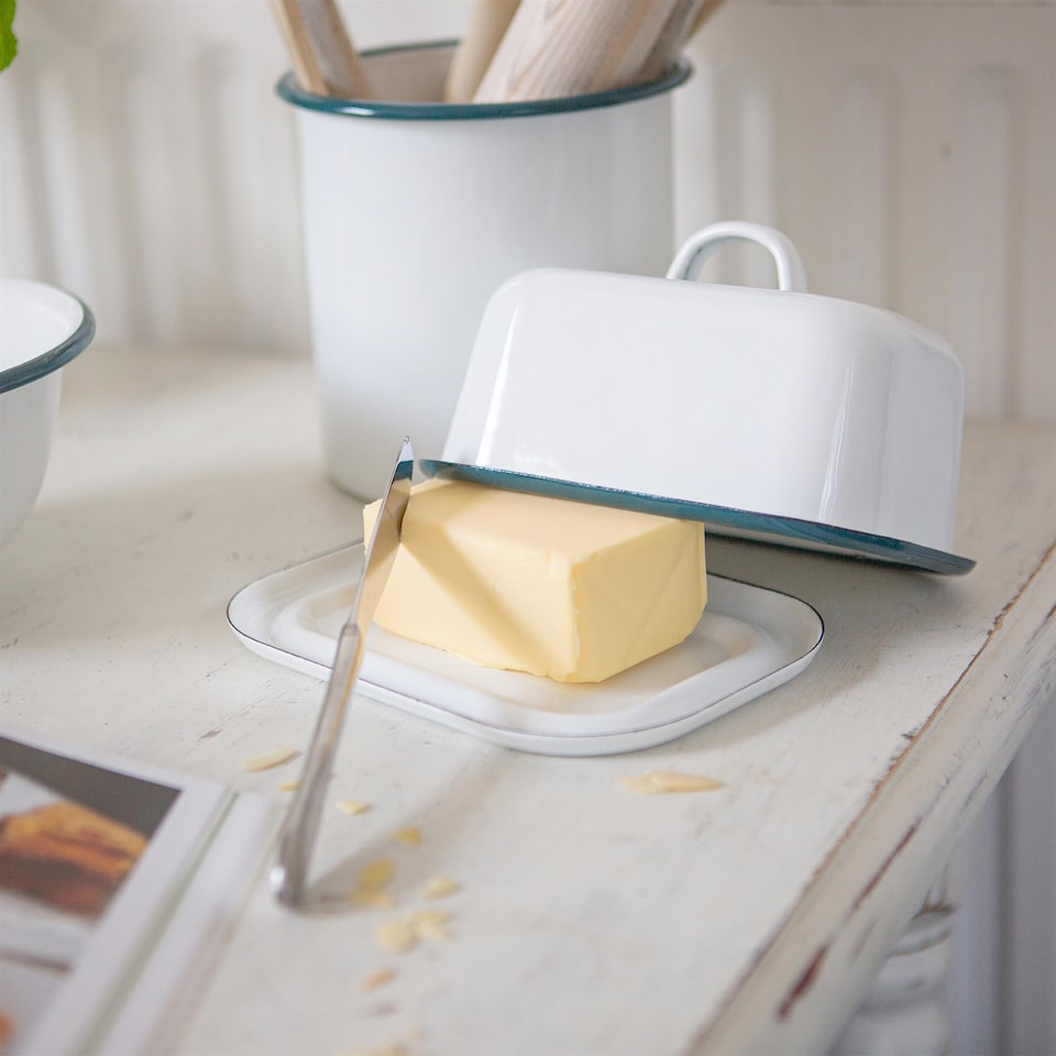 image 1 of Argon Tableware White Enamel Butter Dish - 18.5cm x 10cm - Green | White | Green