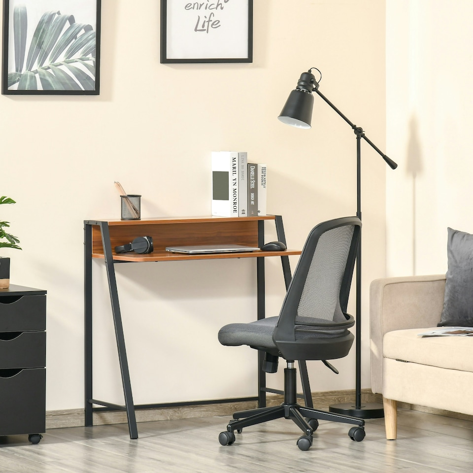 image 1 of HOMCOM 2-Tier Storage Computer Workstation with Shelf, Metal Frame Walnut