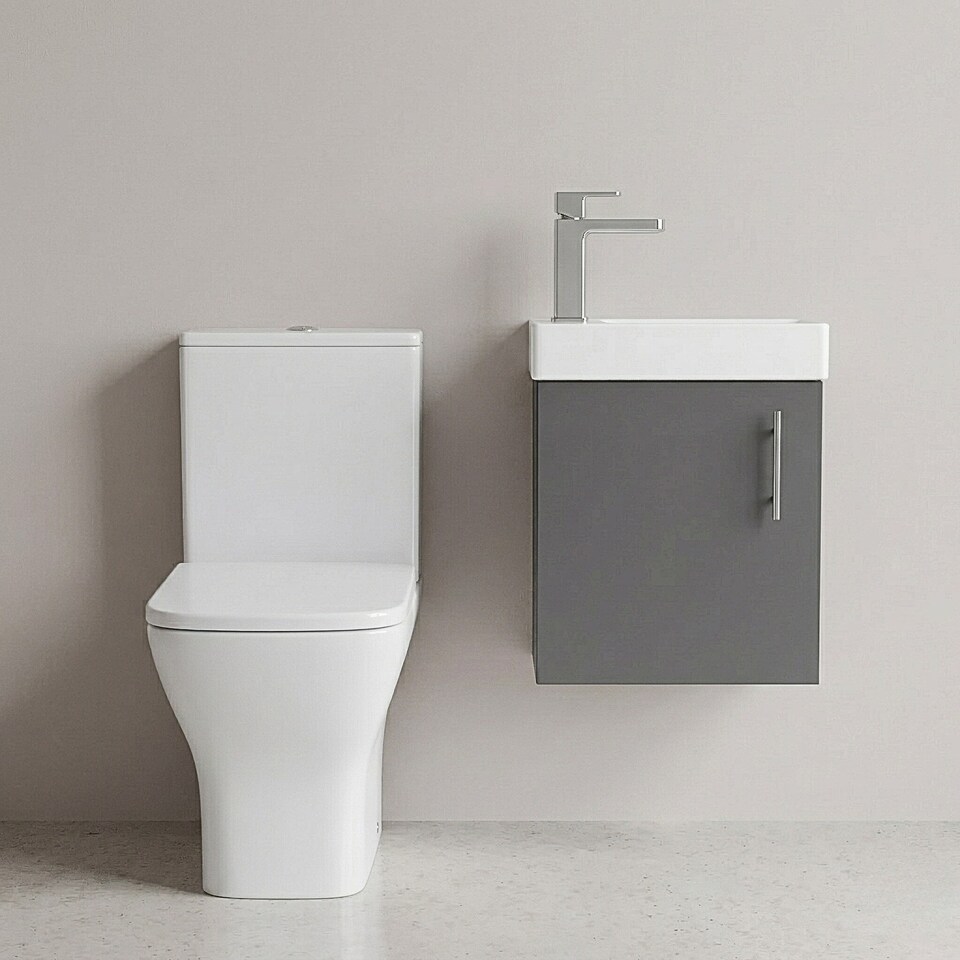 image 1 of Balterley Saint Cloakroom Set - Wall Hung Vanity Basin Unit, Toilet Pan, Cistern, Seat & Mini Basin Tap - Balterley | Black | Gloss Grey | 520.0000 x 405.0000 x 222.0000mm