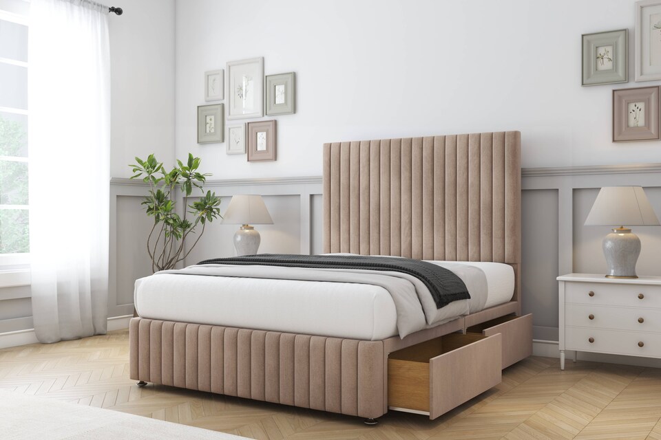 image 1 of Sloomy Madison Mink Naples Divan Bed With Mattress 4 Drawers With 26" Strutted Headboard & 12" Matching Footboard 6' Super King | Brown | Mink | Super King | 1