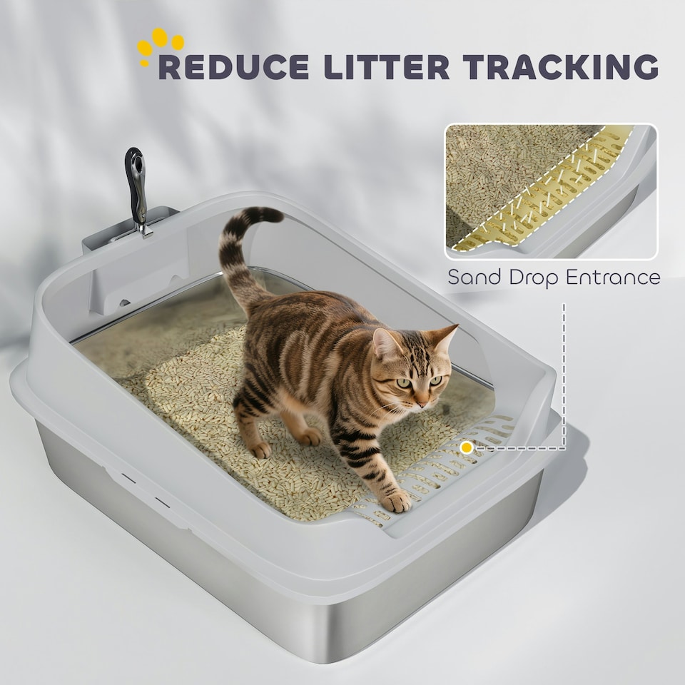 image 1 of PawHut Stainless Steel Cat Litter Box with High Sides Grey | L