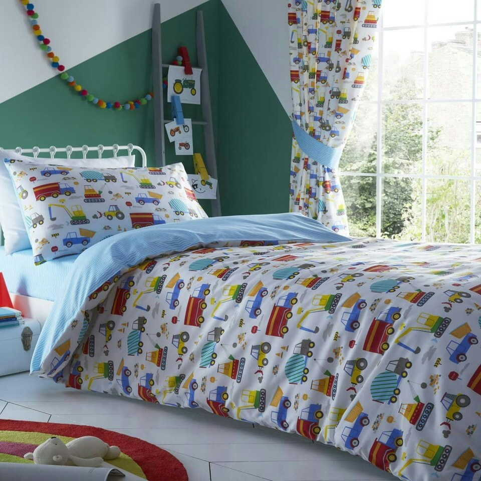 image 1 of Portfolio Home Bedding Bright Trucks Childrens Diggers Duvet Cover Reversible Bedding Set Multi | Single