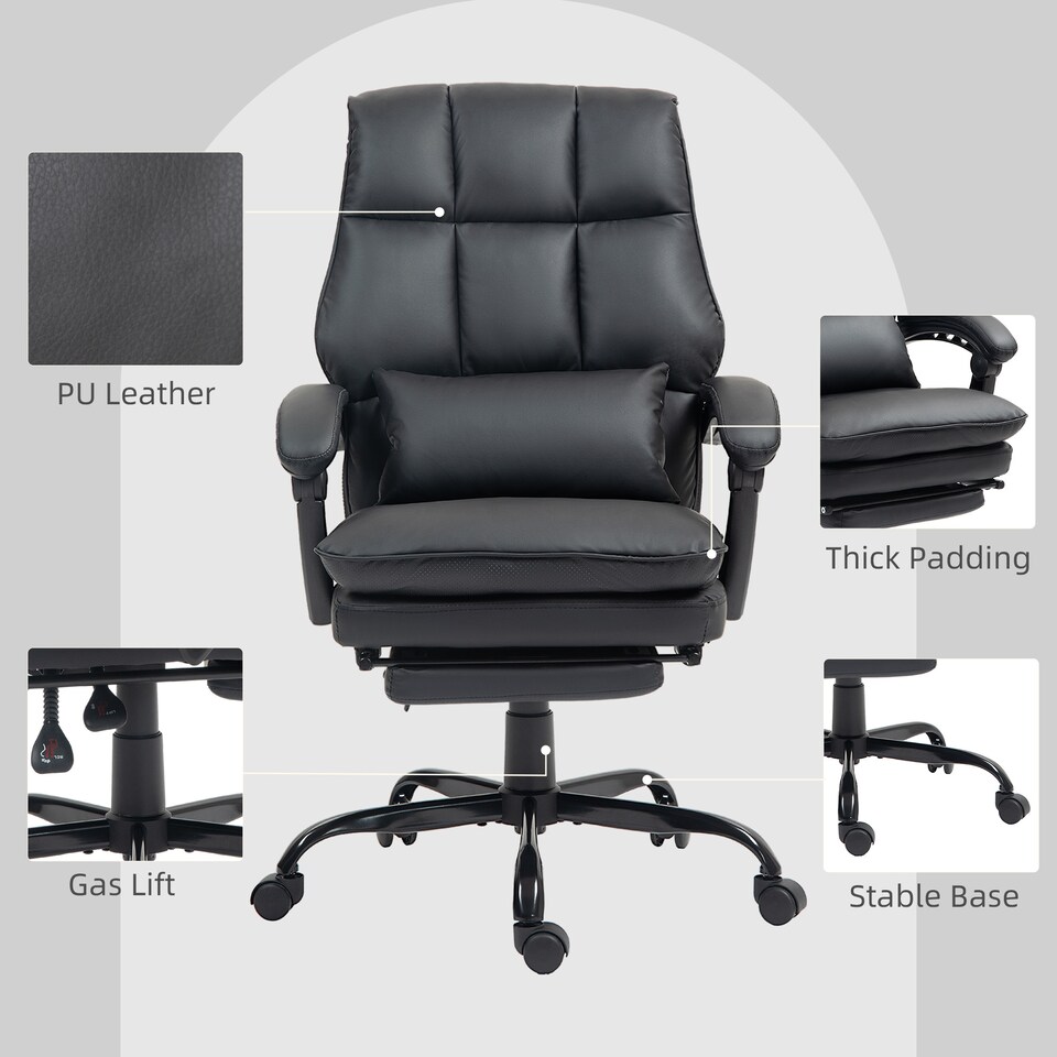 image 1 of HOMCOM Executive Office Chair with Footrest, PU Leather High Back Desk Chair with Lumbar Support, Swivel Computer Chair with Adjustable Height and Padding Armrests, Black