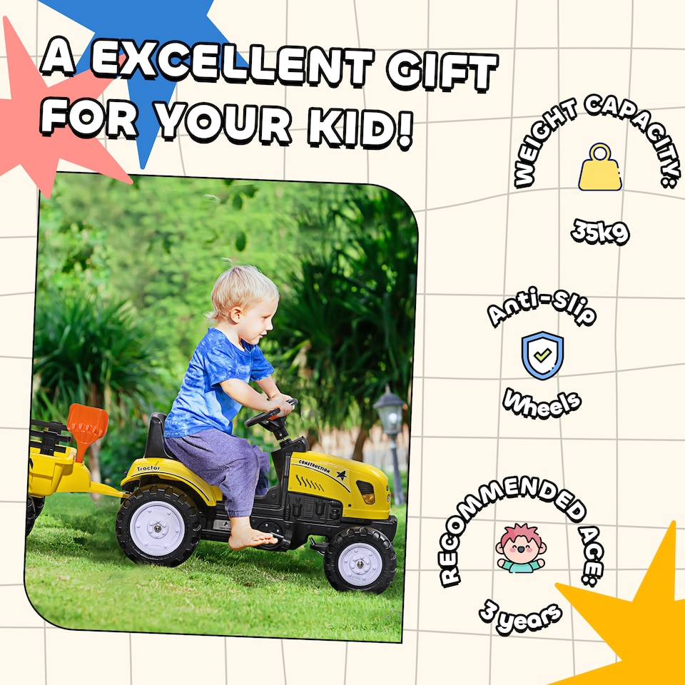 image 1 of HOMCOM Kids Ride on Tractor with Back Trailer, Shovel & Rake, Horn, Four Wheels Tractor Toy for Child Toddler