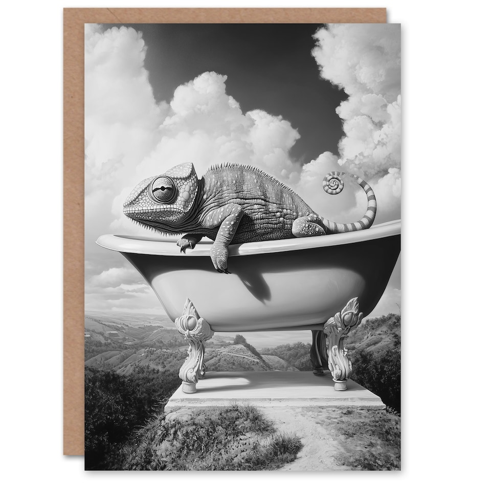 image 1 of Large Chameleon in Bathtub Black White Surreal Birthday Greeting Card