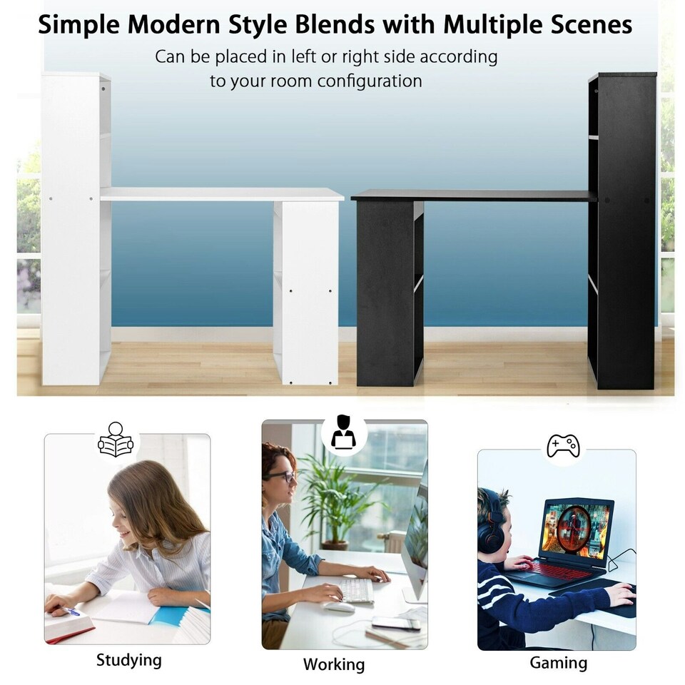 image 1 of COSTWAY Computer Desk Workstation 6-Tier Storage Shelves Black Black