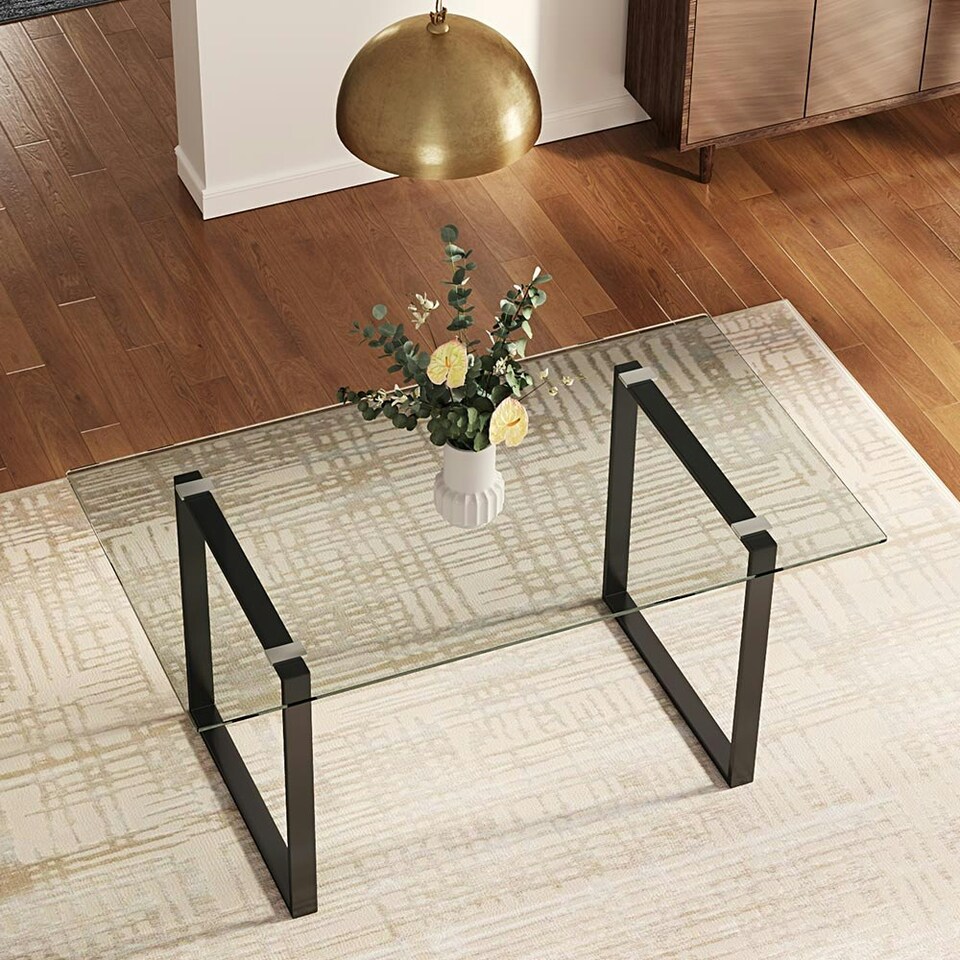 image 1 of Living and Home Modern Rectangle Tempered Glass Dining Table with Black Base