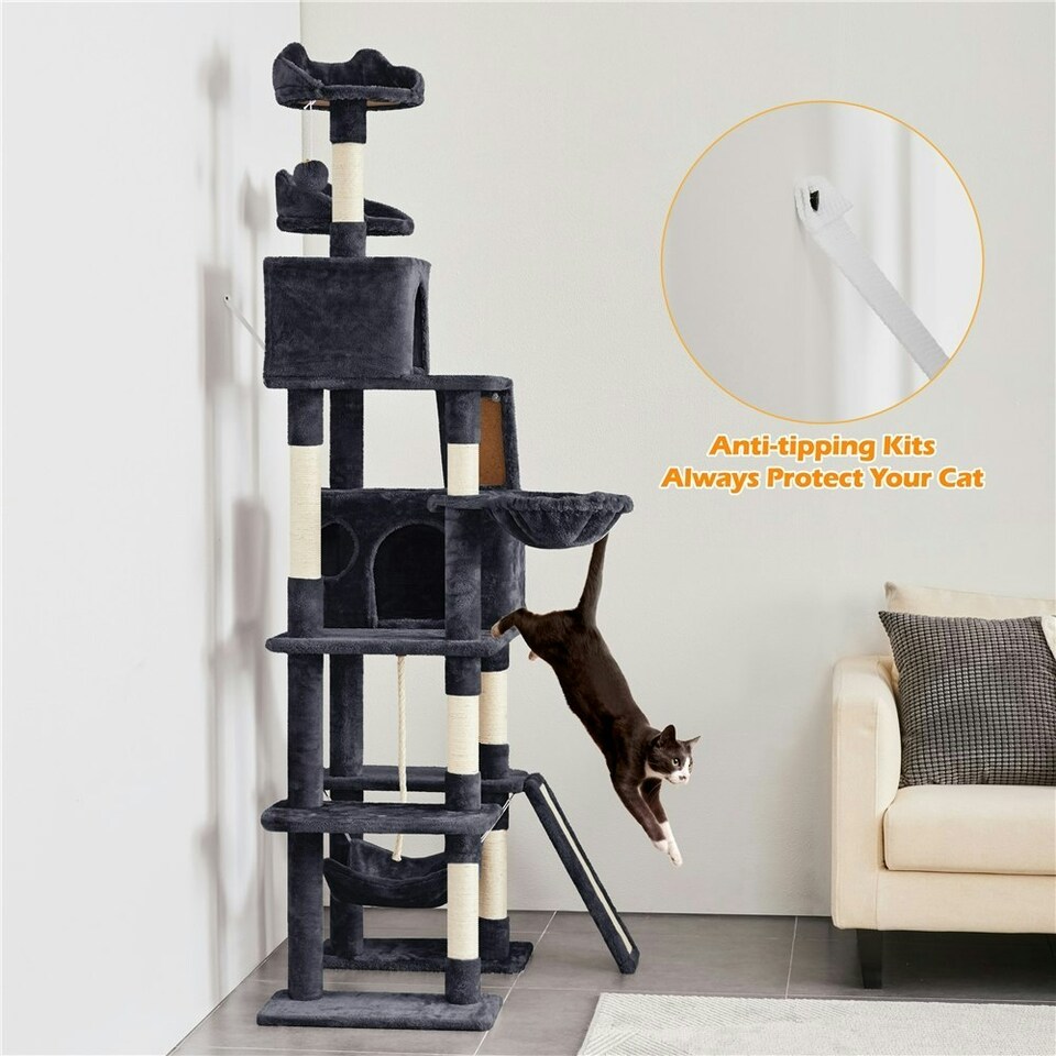 image 1 of Yaheetech 209 cm Large Cat Tower with 2 Cozy Condos Black