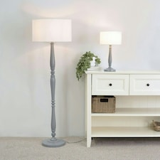 ValueLights Victoria Grey Wood Traditional Stem Table Lamp with White Fabric Drum Shade