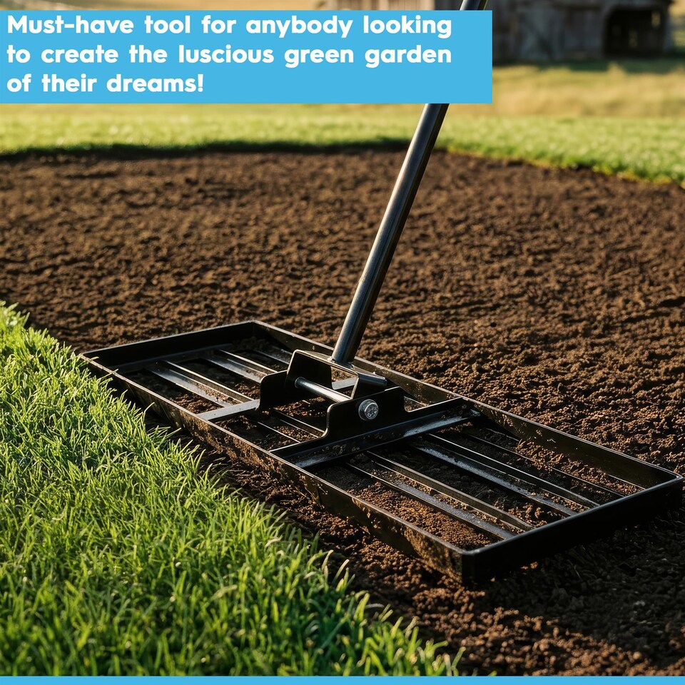 image 1 of Harbour Housewares Heavy Duty Steel Lawn Levelling Rake - Wide Garden Leveling Tool Soil Spreader Landscaping Tool | Black | Black | 75cm