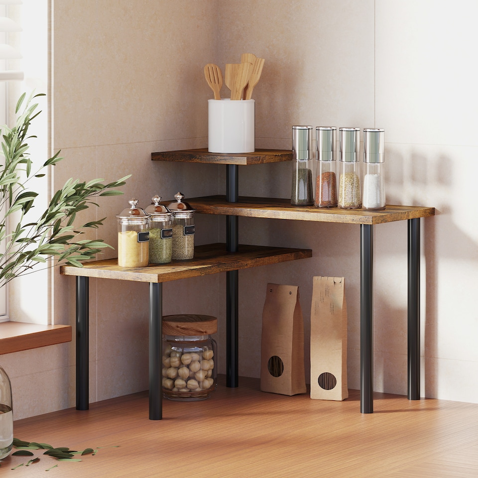 image 1 of HOMCOM 3-Tier Kitchen Countertop Organizer for Spice Rack,Rustic Brown | Brown | Rustic Brown | 40W x 18D x 36.5H cm