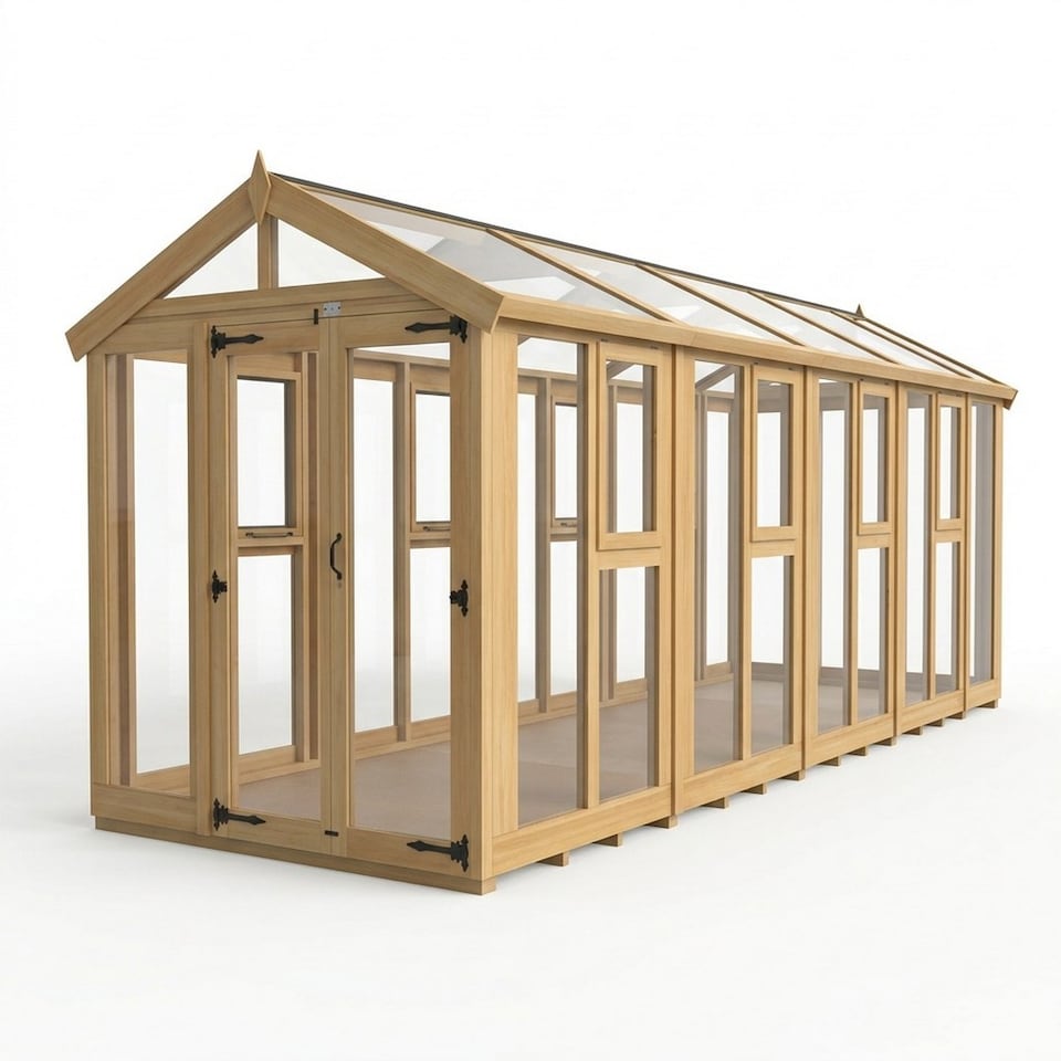 image 1 of 6ft x 18ft Apex Toughened Glass Greenhouse - Pressure Treated Timber - L183 x W549 x H210 cm - Natural