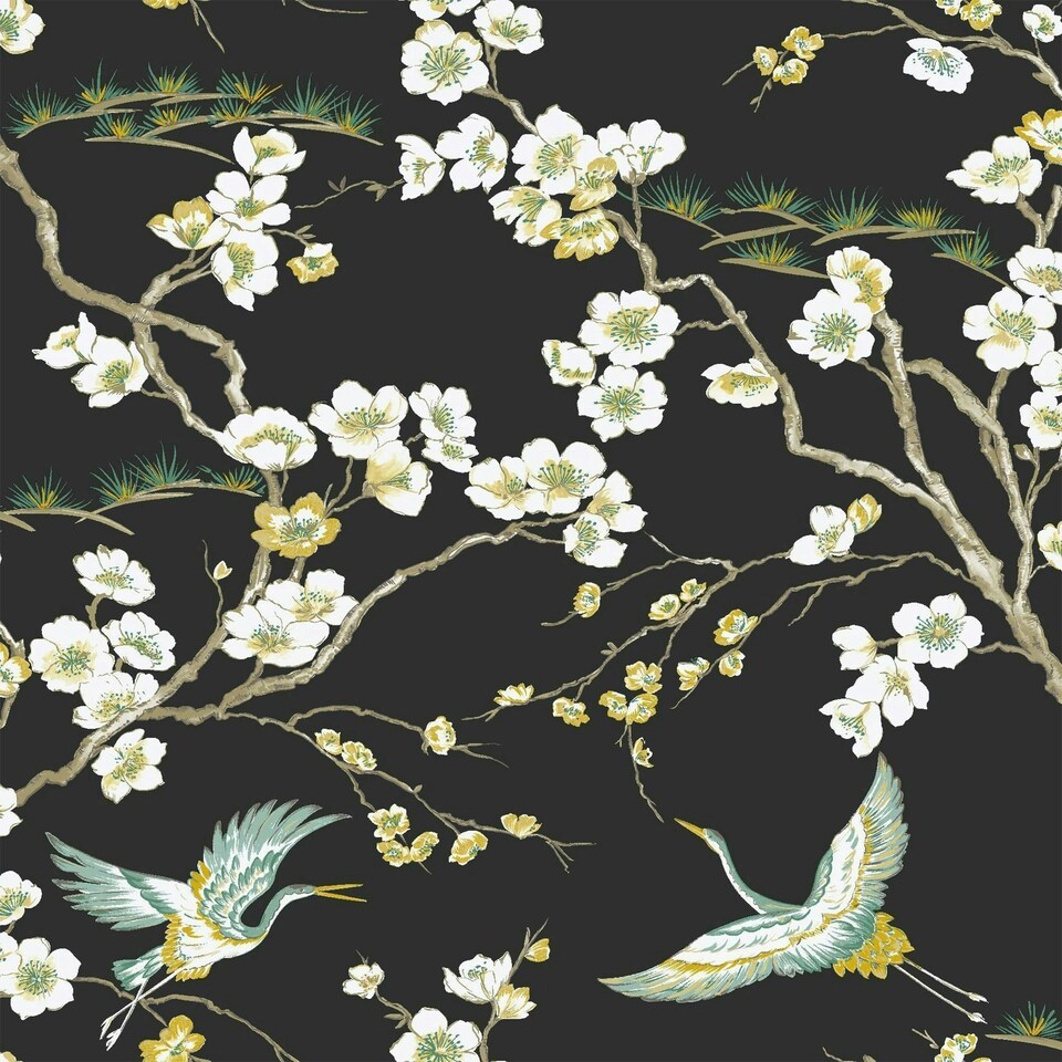 image 1 of Transform Peel & Stick Oriental Heron Floral Black Self-Adhesive Wallpaper Black | White