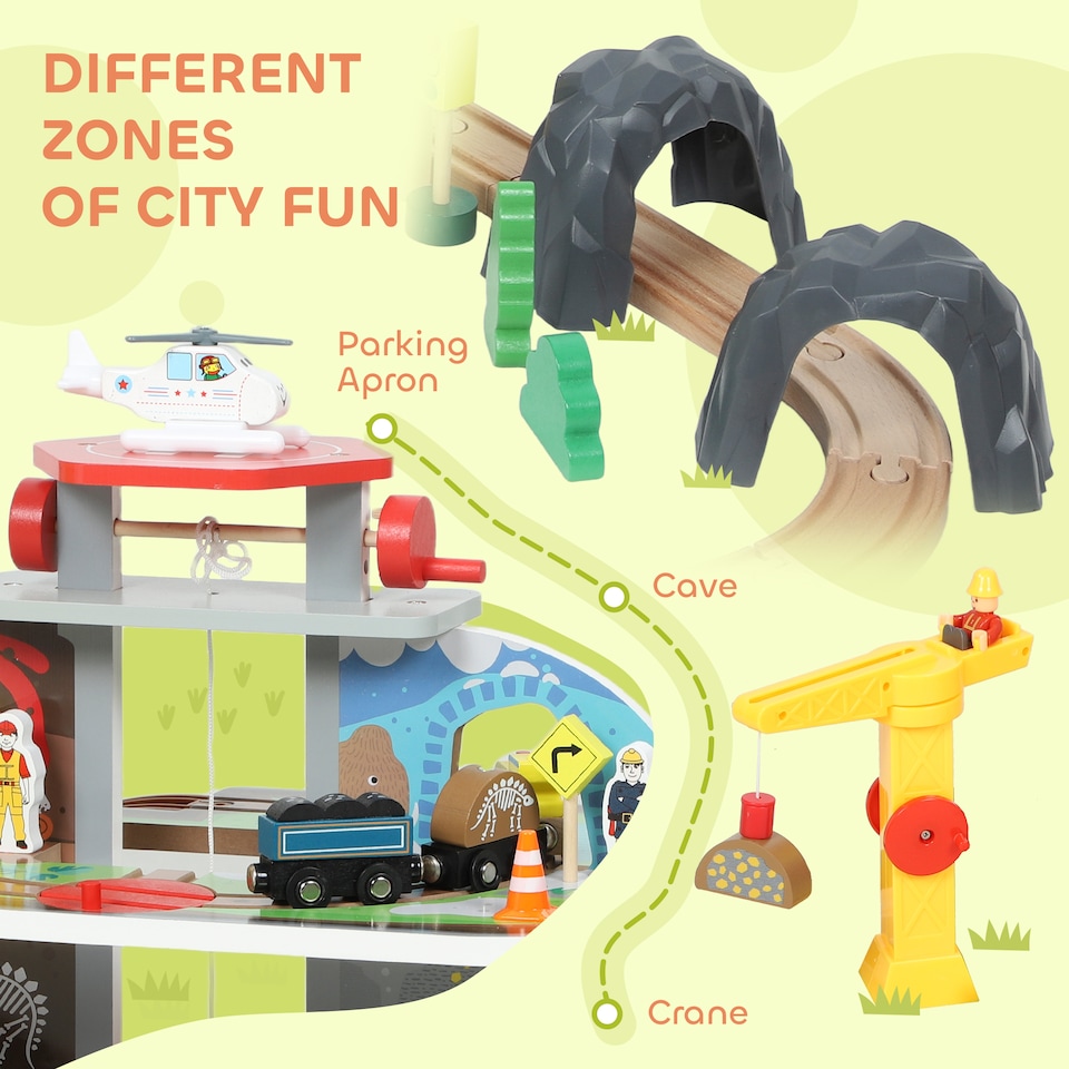 image 1 of AIYAPLAY Wooden Train Set, 79 Piece Train Track Mine Themed, Magnetic Railway Toys with Crane, Helicopter, Wooden Railway Set Birthday Gift for Kids, Boys and Girls Ages 3+ Years Old