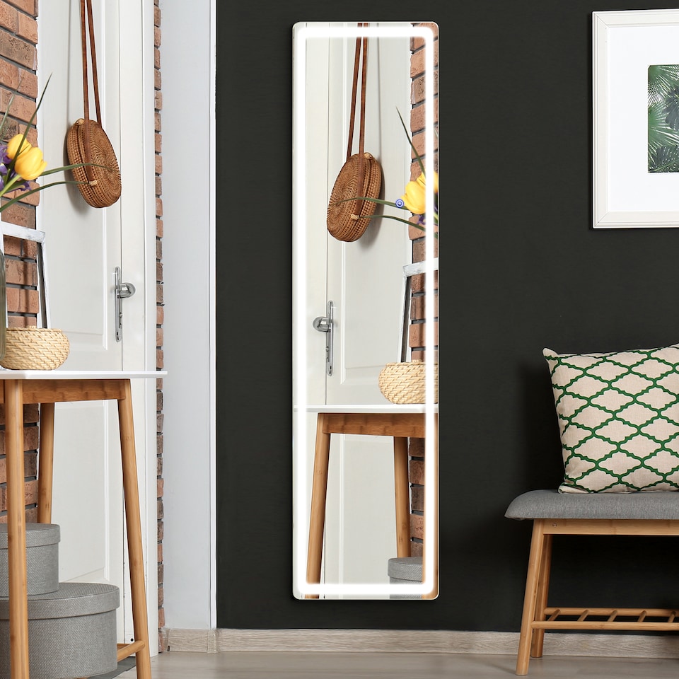 image 1 of HOMCOM Full-Length Mirror, 160  40 cm, Wall Mounted, Freestanding Floor Mirror with LED Lights and Remote Control, Dimming 3 Colour Modes, for Bedroom, Black