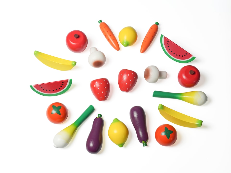 image 1 of Hooga Wooden Play Food Set with Basket - 20 Pieces of Fruits & Vegetables