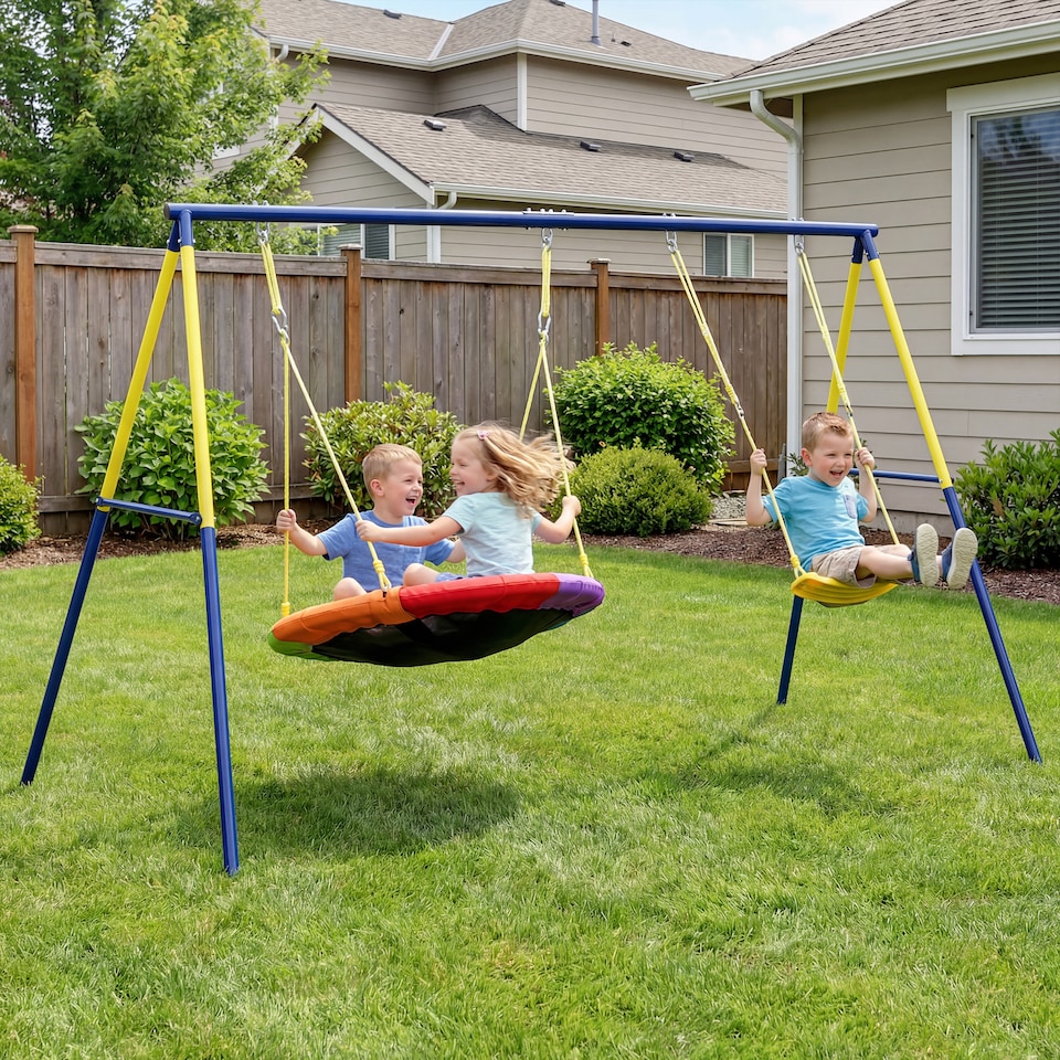 image 1 of AIYAPLAY Kids Swing Set with Double Swings, Metal Frame, 150kg Capacity | Multi | Blue and yellow frame, multicolour seat | 265L x 160W x 178H cm
