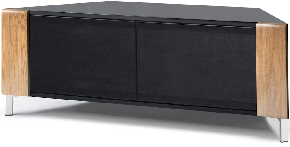image 1 of MDA Designs CORVUS Corner-Friendly Gloss Black Contemporary Cabinet with Oak Profiles Black BeamThru Glass Doors Suitable for Flat Screen TVs up to 50" | Multi | 1
