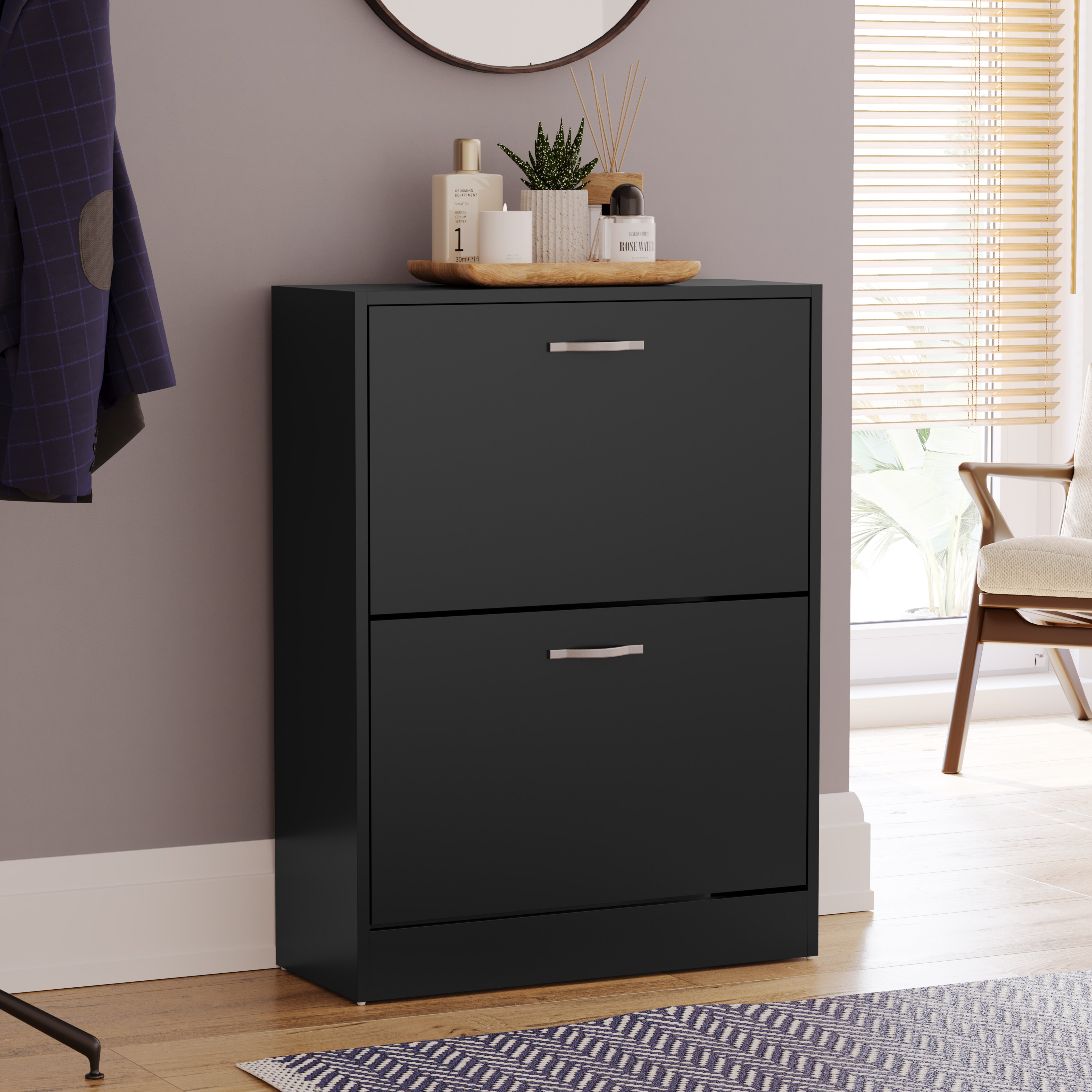 Vida Designs 2 Drawer Shoe Cabinet Shoe Rack Storage Cupboard, Black