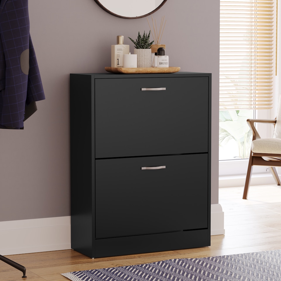 image 1 of Vida Designs 2 Drawer Shoe Cabinet Shoe Rack Storage Cupboard, Black
