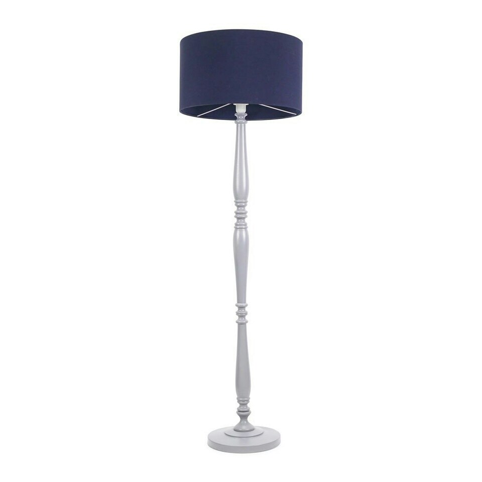 image 1 of ValueLights Victoria Grey Wood Floor Lamp Navy Blue Shade | Grey | Navy