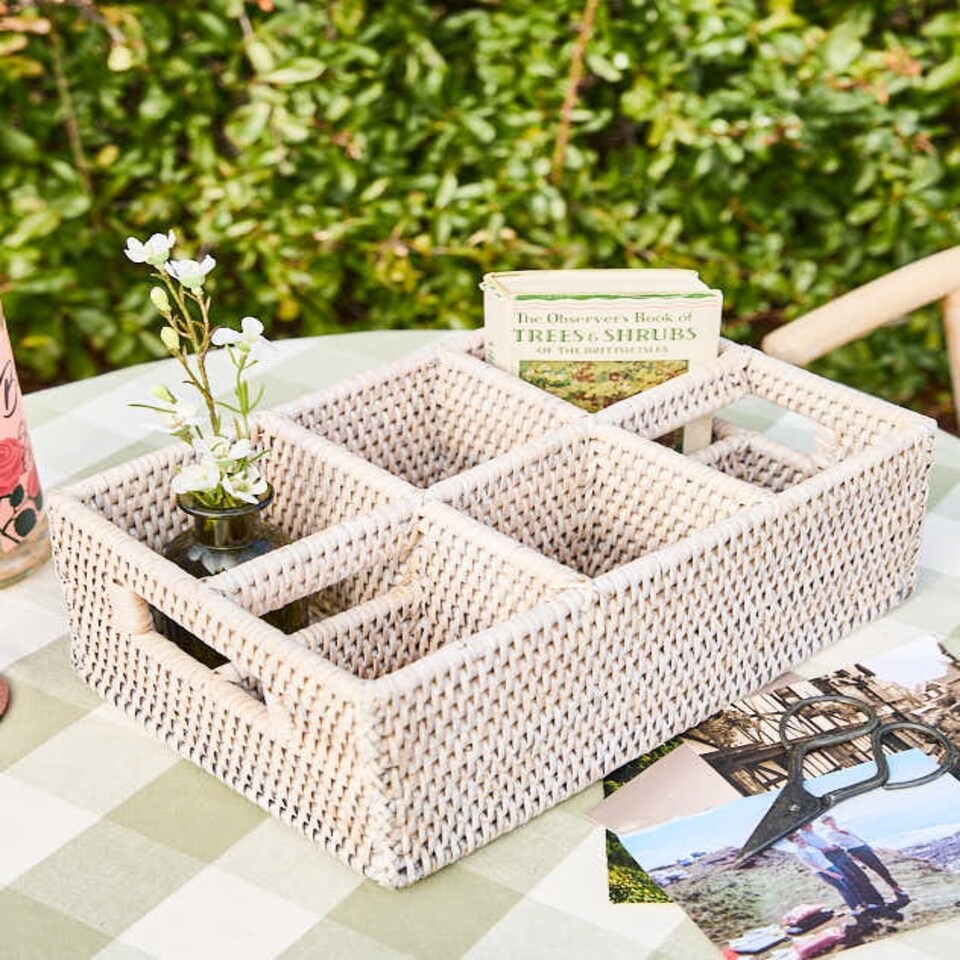 image 1 of White Rattan Six Compartment Storage Caddy White